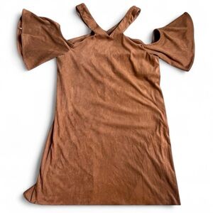 Vintage GB Cold Shoulder Dress – Faux Suede Bell Sleeve, Size S